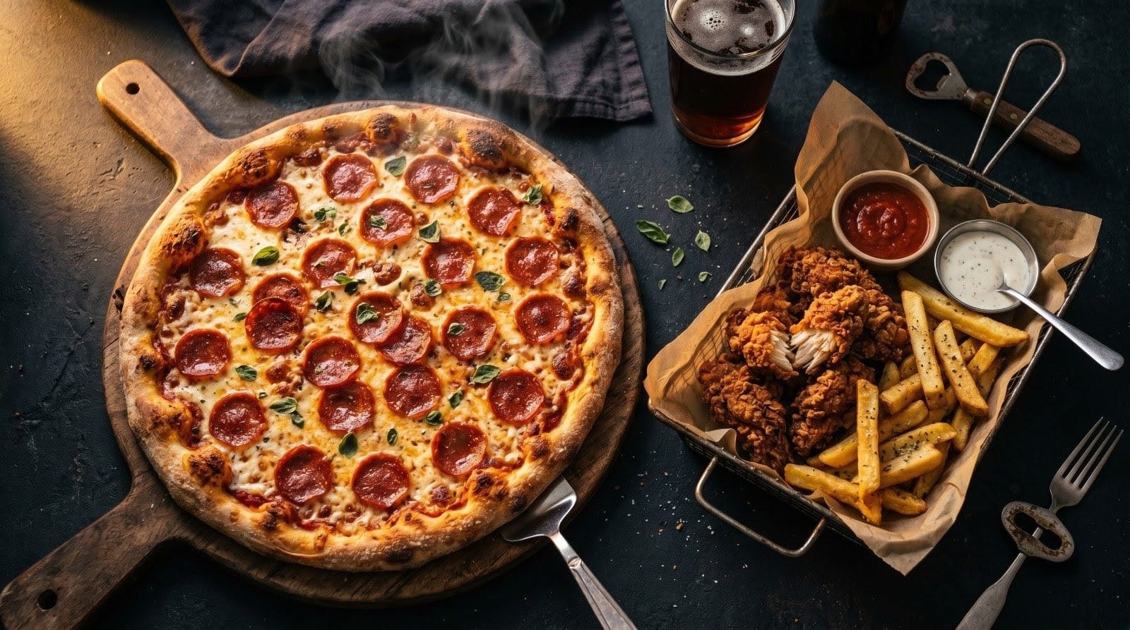 Pepperoni pizza with fried chicken, fries and a pint